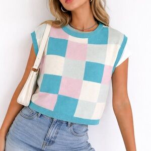 Pastel Checkered Knit Sweater Vest Blue Pink White Size Small